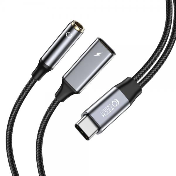 Cablu TECH-PROTECT UltraBoost, tata USB-C la mama USB-C si Jack 3.5 mm, 60W, 6A, Negru