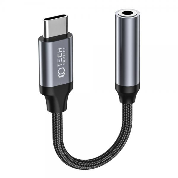 Adaptor TECH-PROTECT UltraBoost, tata USB-C la mama jack 3.5 mm, Negru