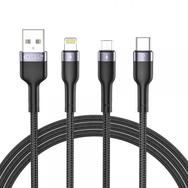 Cablu pentru incarcare si transfer de date TECH-PROTECT UltraBoost 3 in 1, USB Type-C/Lightning/Micro-USB, 3A, 1.2m, Negru 1 - lerato.ro