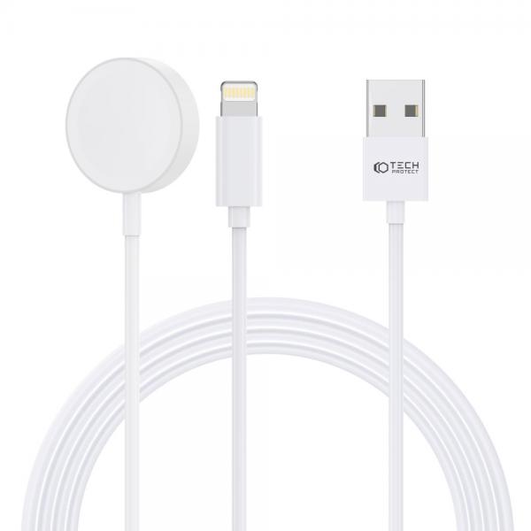 Cablu pentru incarcare TECH-PROTECT UltraBoost 2in1 compatibil cu Apple Watch, USB/Lightning, Incarcare magnetica, 2.5W, 1.5m, Alb