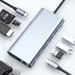 Adaptor HUB aluminiu Tech-Protect V7, 10 porturi diverse, USB-C, USB 3.0, USB 2.0, HDMI, VGA, RJ45, MicroSD, SD, Gri
