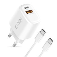 Incarcator retea Tech-Protect NC45W-GAN, 1x USB-C, 1x USB-A, Power Delivery 45W, Cablu USB-C la USB-C de 1m inclus, Alb