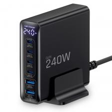 Incarcatoare wireless, Statie de incarcare 6 in 1 Tech-Protect DC240W-GaN, PD 240W, 5A, 4x USB-C, 2x USB-A, Negru, lerato.ro