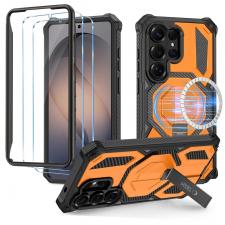 Kit protectie 360 grade Tech-Protect MagBlast, Carcasa cu MagSafe si Stand + Rama policarbonat + 2 folii sticla securizata, compatibile cu Samsung Galaxy S26 Ultra, Negru / Portocaliu