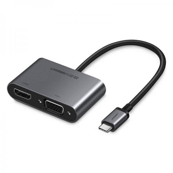 Adaptor video UGREEN CM162 USB-C tata - VGA/HDMI mama, 4K, 30Hz, 2 moduri, 100W, 25cm, Silver