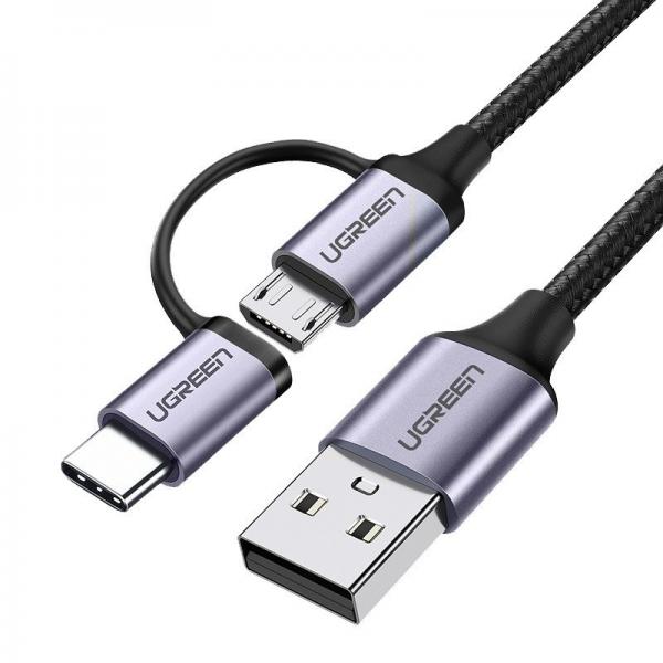 Cablu pentru incarcare si transfer de date 2 in 1 UGREEN US177, USB - Micro-USB/USB Type-C, Quick Charge 3.0, 3A, 1m, Negru/Gri