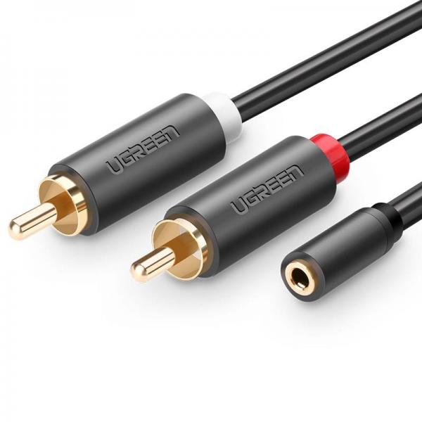Cablu audio UGREEN AV102, mama mini jack 3.5 mm la 2x tata RCA, 1m, Negru