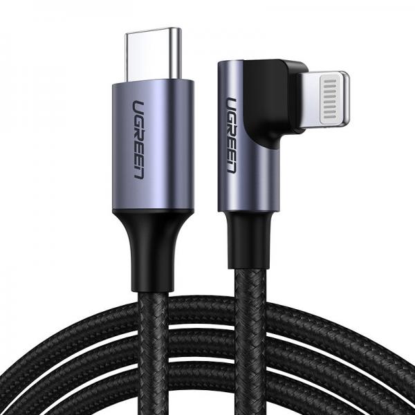 Cablu pentru incarcare si transfer de date UGREEN Elbow US305, USB Type-C/Lightning, certificare MFi, Power Delivery, 3A, 1m, Gri 1 - lerato.ro