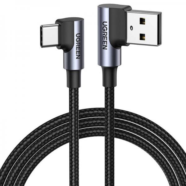 Cablu pentru incarcare si transfer de date UGREEN US176, USB la USB-C, QC 4.0, 3A, 480 Mbps, Unghi incarcare 90 grade, 3m, Negru/Gri