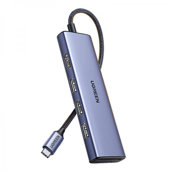 Adaptor HUB 6-in-1 UGREEN CM511, USB-C la 3x USB 3.0, 1x HDMI 2.0, 1x SD, 1x TF, 4K, 60Hz 5Gbps, 20cm, Albastru 1 - lerato.ro