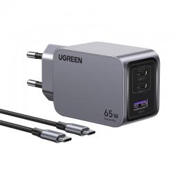 Incarcator retea Ugreen Nexode Pro, 65W, 2x USB-C, 1x USB-A, Cablu USB-C la USB-C 1.5m inclus, Gri