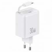 Incarcator retea rapid USAMS CC241, 30W, 3A, 1xUSB-C, 1x Cablu USB-C/USB-C incorporat, Alb