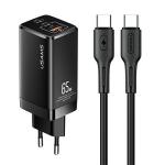 Incarcator retea USAMS MT GaN Super Fast Charge, 2xUSB-C, 1xUSB-A, 65W, 3A, Cablu USB-C la USB-C de 1m inclus, Negru 2 - lerato.ro