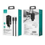 Incarcator retea USAMS MT GaN Super Fast Charge, 2xUSB-C, 1xUSB-A, 65W, 3A, Cablu USB-C la USB-C de 1m inclus, Negru 3 - lerato.ro