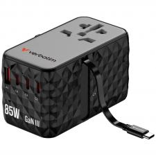 Incarcator retea Verbatim GaN III Charge 'n' Travel, USB si 3x USB-C, 85W, Cablu USB-C integrat, Negru