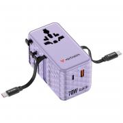 Adaptor retea Verbatim GaN, 70W, 1x USB-C, 1x USB-A, 2x Cablu USB-C retractabil, Compatibil cu prize UE/UK/AU/SUA, Violet