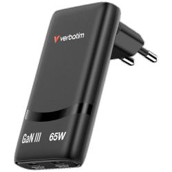 Incarcator retea Verbatim Fold n Go GaN, 65W, 2xUSB-C, Negru
