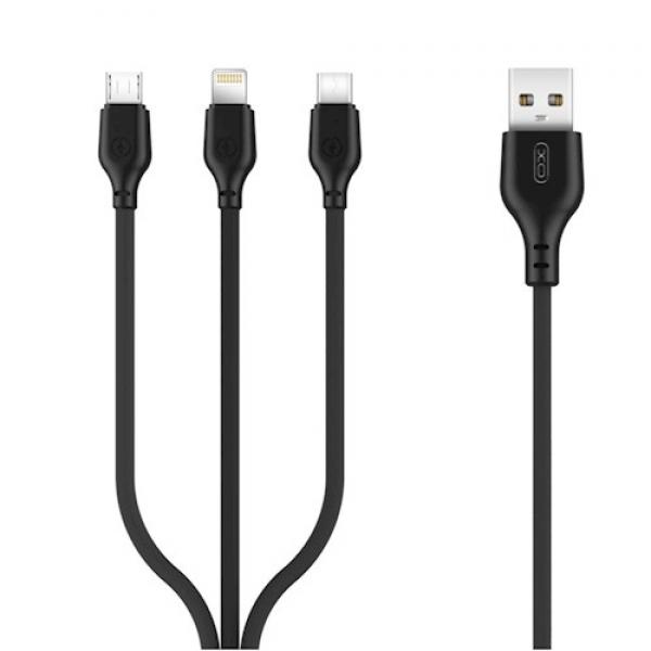 Cablu pentru incarcare si transfer de date XO NB 103 3 IN 1, USB TYPE-C/LIGHTNING/MICRO-USB, 2.1A, 1M, NEGRU