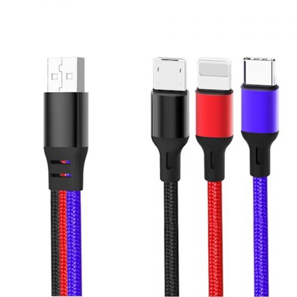 Cablu pentru incarcare si transfer de date XO NB143 3 in 1, USB Type-C /Lightning/Micro-USB, 3.5A, 1.2m, Albastru/Negru/Rosu