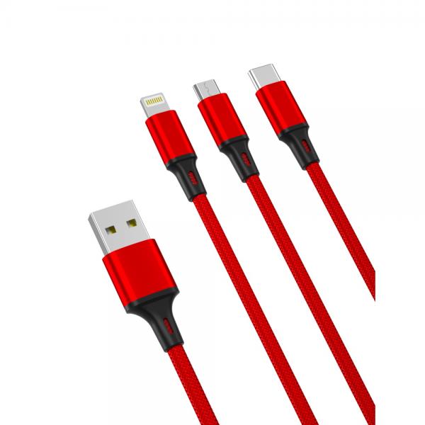 Cablu pentru incarcare si transfer de date XO NB 173 3 IN 1, USB TYPE-C/LIGHTNING/MICRO-USB, 2.4A, 1.2M, ROSU 1 - lerato.ro