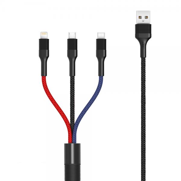 Cablu pentru incarcare si transfer de date XO NB 54 3 IN 1, USB TYPE-C/LIGHTNING/MICRO-USB, 3A, 1.2M, NEGRU