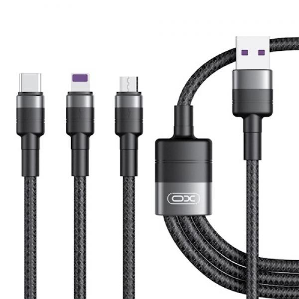 Cablu pentru incarcare si transfer de date XO NB-Q191 3 in 1, USB Type-C /Lightning/Micro-USB, 40W, 1.2m, Negru