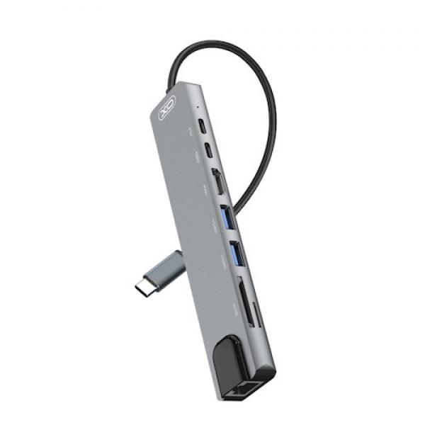 Adaptor HUB aluminiu 8-in-1 XO HUB003, USB-C â€“ 2X USB 3.0, 1X USB-C, 1X USB-C PD, 1X HDMI, 1X RJ45, 1X SD, 1X MICRO SD, 11 cm, Argintiu 1 - lerato.ro