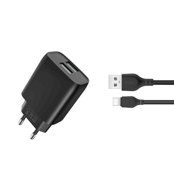Incarcator retea XO L57, Dual USB, 2.4A, Fast Charge, Cablu USB-C inclus, Negru
