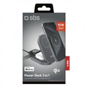 Stand 3 in 1 cu incarcare wireless SBS Power Dock compatibil MagSafe, 15W, USB-C, Negru