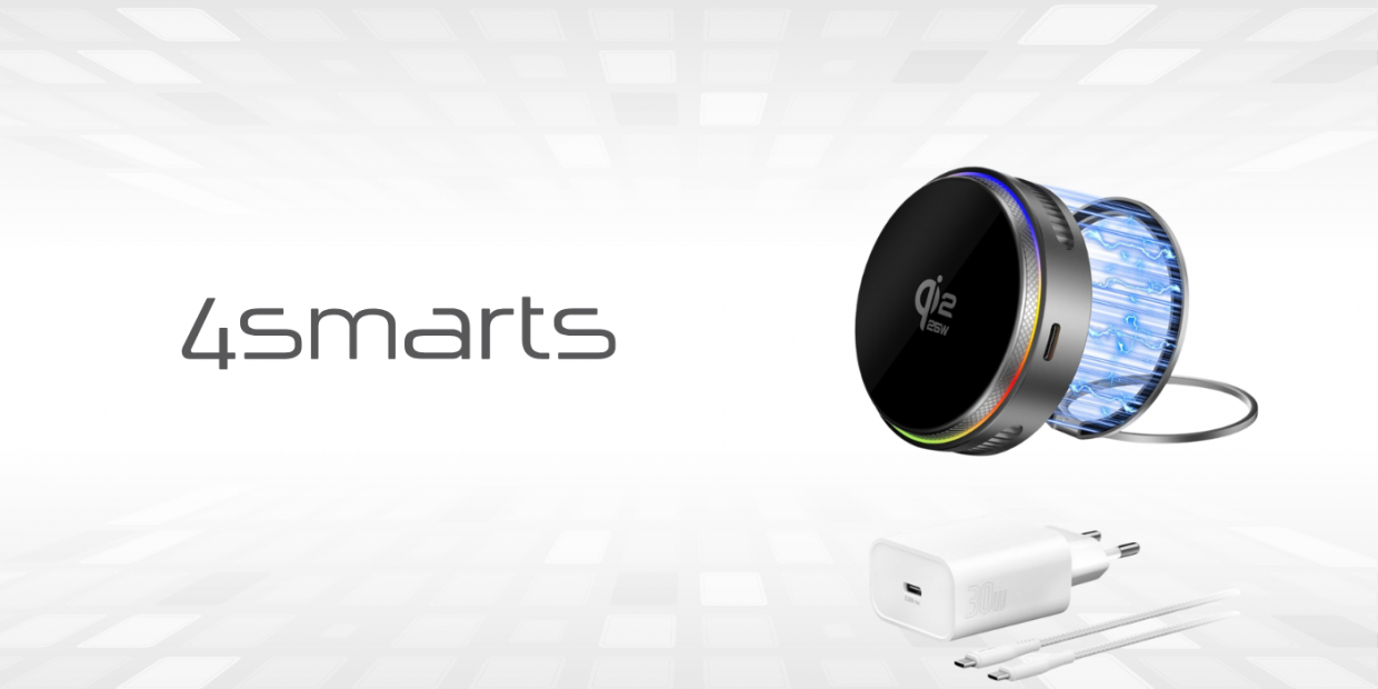 Incarcator Wireless 4smarts Qi2, Compatibil MagSafe, Rotire 360 grade, Iluminare RGB, 25W, 3A, USB-C, Gri 1 Lerato.ro