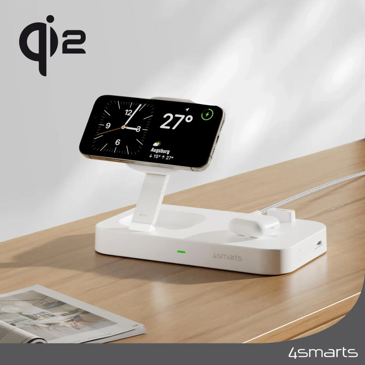 Statie de incarcare Wireless 2 in 1 4smarts QI2 Trident, 25W, Incarcare Wireless 15W, 2 porturi USB-C, Intrare USB-C, Alb 1 Lerato.ro