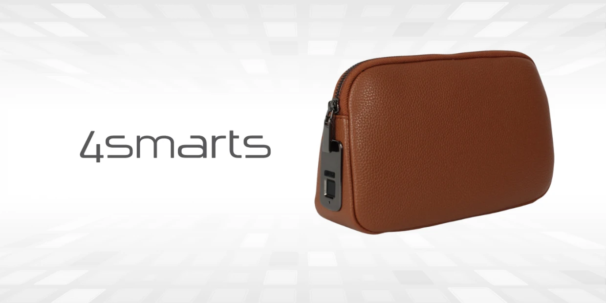 Geanta de voiaj 4smarts Tech-Clutch Secure, 15 × 7 × 24 cm, Deblocare cu amprenta, 120mAh, USB-C, Maro 1 Lerato.ro