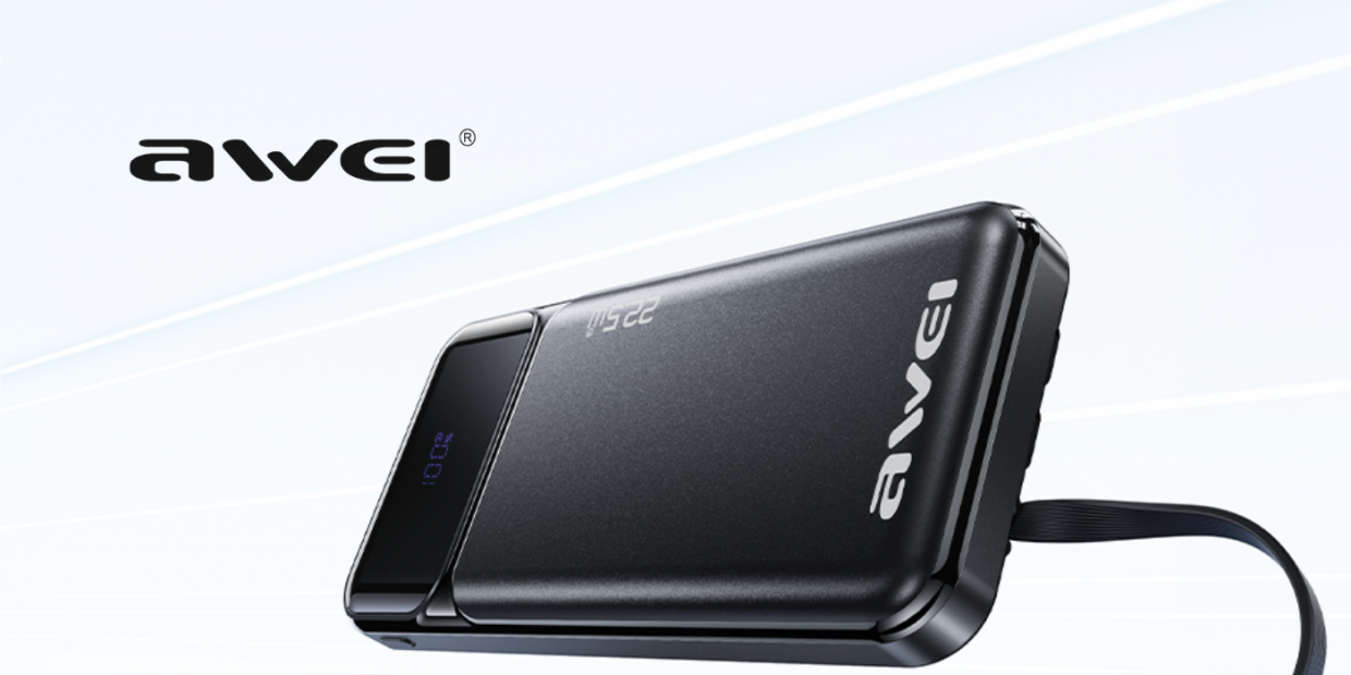Baterie externa portabila Awei PA-91, 10000 mAh, 22.5W, 2xUSB-C, 1x USB-A, 1x Cablu USB-C, 1x Cablu Lightning, 1x Cablu USB-A, Display LED, Negru 1 Lerato.ro