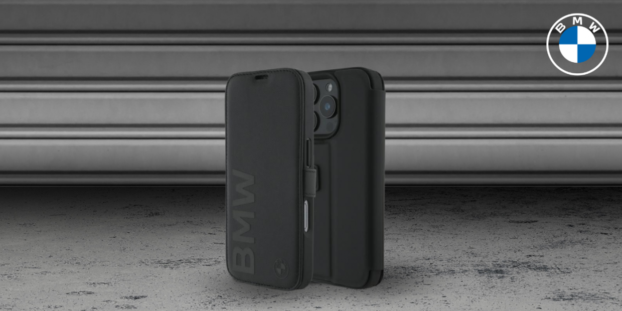 Carcasa flip cover BMW Signature Leather Wordmark compatibila cu iPhone 16 Pro Max, Negru 1 Lerato.ro