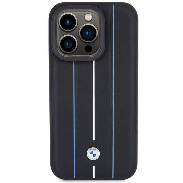 Carcasa BMW Leather Stamp Blue Line compatibila cu iPhone 15 Pro, Negru 1 Lerato.ro