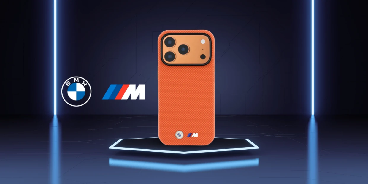Husa BMW M Quadrille Kevlar Tricolor Metal Logo cu MagSafe compatibila cu iPhone 18 Pro / 17 Pro, Portocaliu 1 Lerato.ro