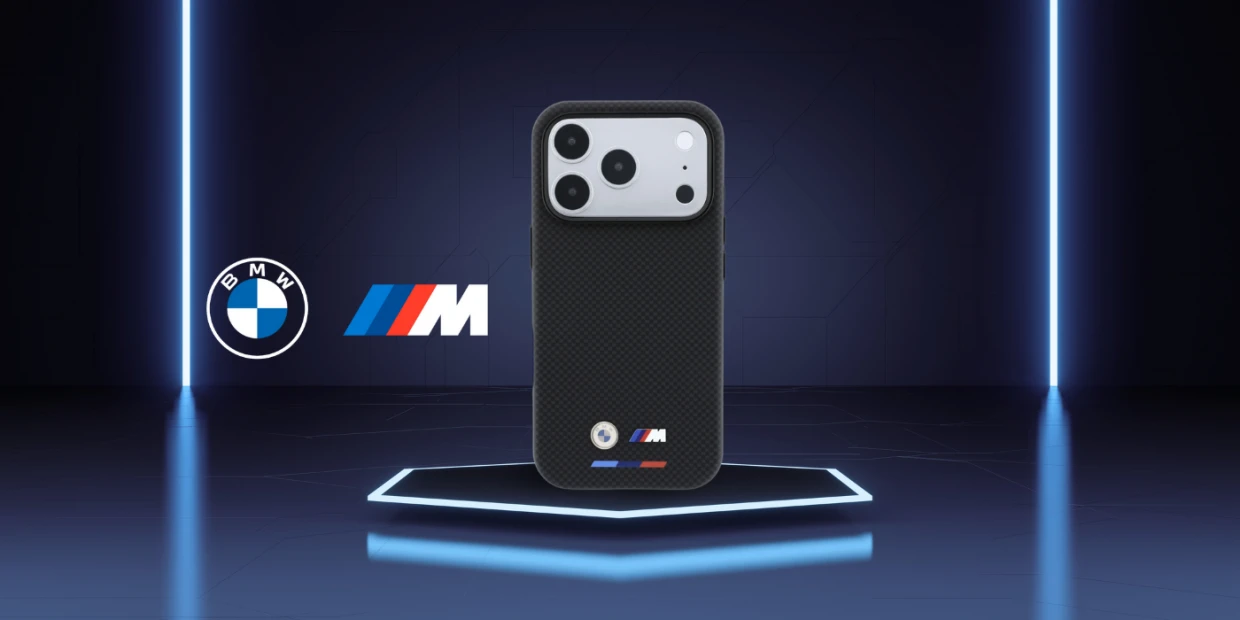 Husa BMW M Quadrille Kevlar Tricolor Metal Logo cu MagSafe compatibila cu iPhone 18 Pro / 17 Pro, Negru 1 Lerato.ro