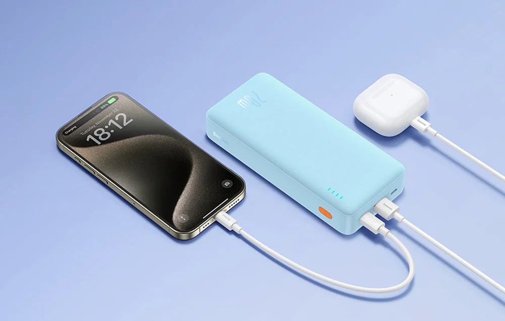 Baterie externa portabila Baseus Airpow 20000 mAh, 20W, USB/USB-C, Cablu USB-C inclus, Albastru 1 Lerato.ro