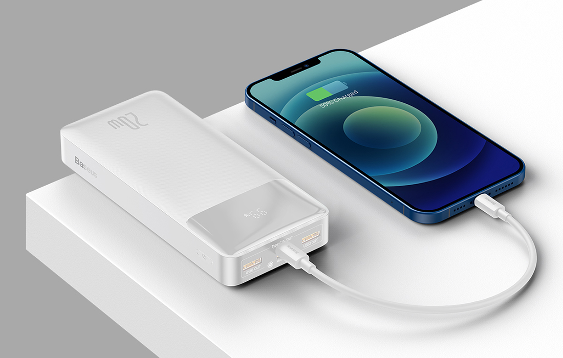 Baterie externa portabila Baseus Bipow 20000 mAh, 2xUSB, 1xUSB-C, Digital Display, 20W, Cablu MicroUSB inclus, Alb 1 Lerato.ro