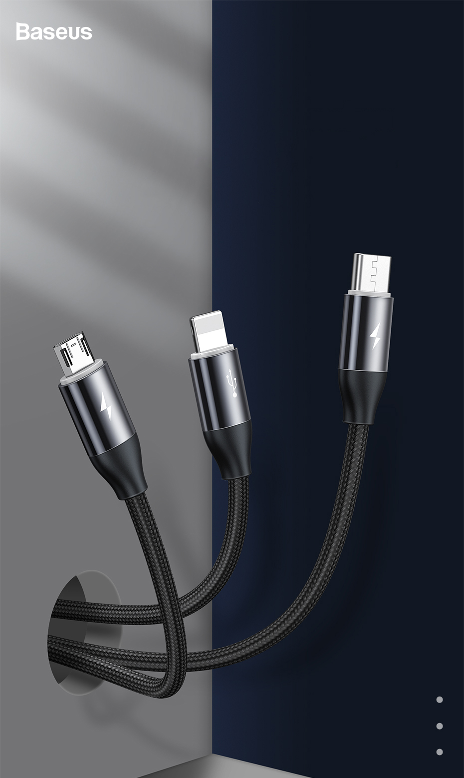 Cablu pentru incarcare si transfer de date Baseus Car Co-sharing 3 in 1, USB Type-C/Lightning/Micro-USB, 3.5A, 1m, Negru 1 Lerato.ro