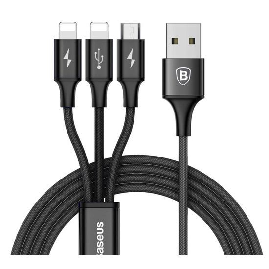 Cablu pentru incarcare si transfer de date Baseus Rapid 3 in 1, 2x Lightning/Micro-USB, 3A, 1.2m, Negru 1 Lerato.ro