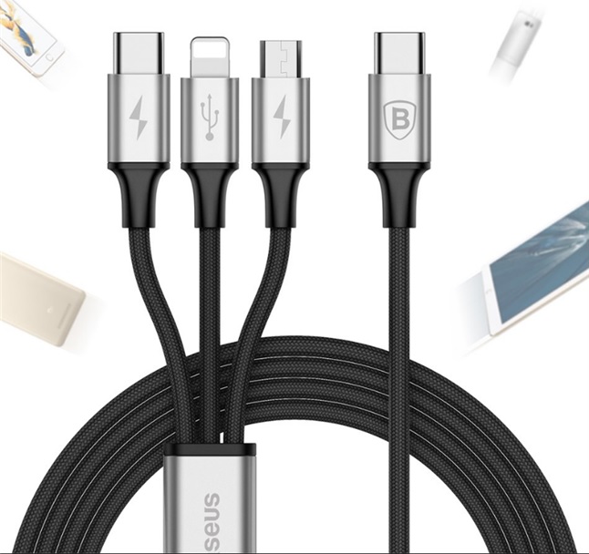 Cablu pentru incarcare si transfer de date Baseus Rapid 3 in 1, 2x USB Type-C/Lightning/Micro-USB, 3A, 1.2m, Negru/Argintiu 1 Lerato.ro