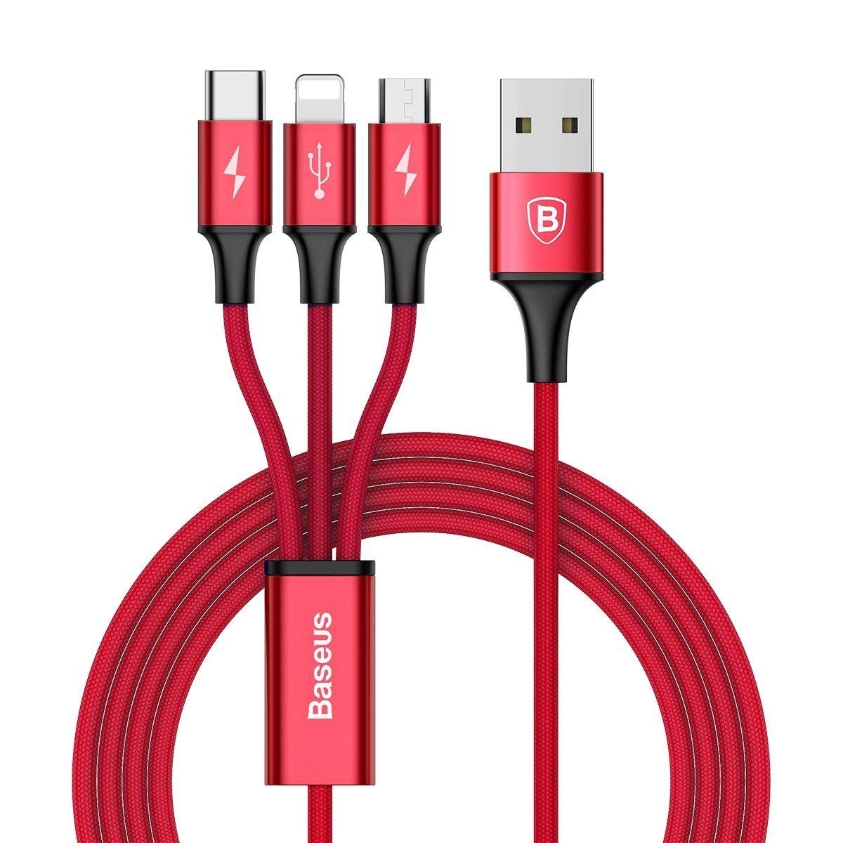 Cablu pentru incarcare si transfer de date Baseus Rapid 3 in 1, USB Type-C/Lightning/Micro-USB, 3A, 1.2m, Rosu 1 Lerato.ro
