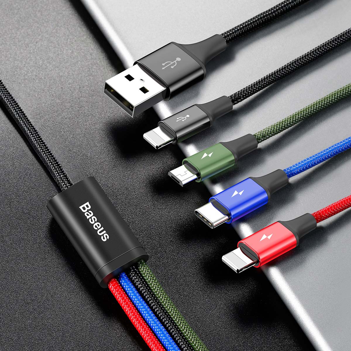 Cablu pentru incarcare si transfer de date Baseus Rapid 4 in 1, USB Type-C/2x Lightning/Micro-USB, 3.5A, 1.2m, Negru 1 Lerato.ro