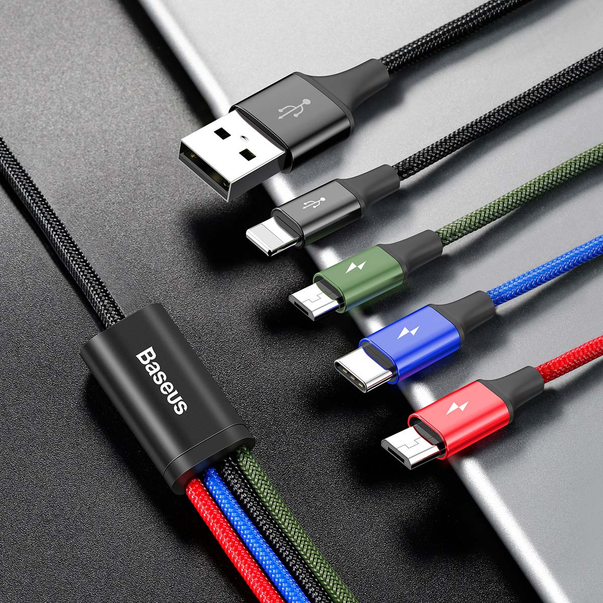 Cablu pentru incarcare si transfer de date Baseus Rapid 4 in 1, USB Type-C/Lightning/2x Micro-USB, 3.5A, 1.2m, Negru 1 Lerato.ro