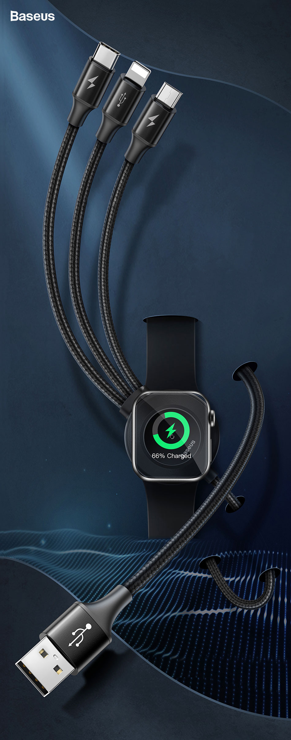 Cablu pentru incarcare si transfer de date Baseus 4 in 1 Star Light, Micro-USB/Lightning/USB Type-C, Incarcator Wireless compatibil cu Apple Watch inclus, 1.2m, Gri inchis 1 Lerato.ro