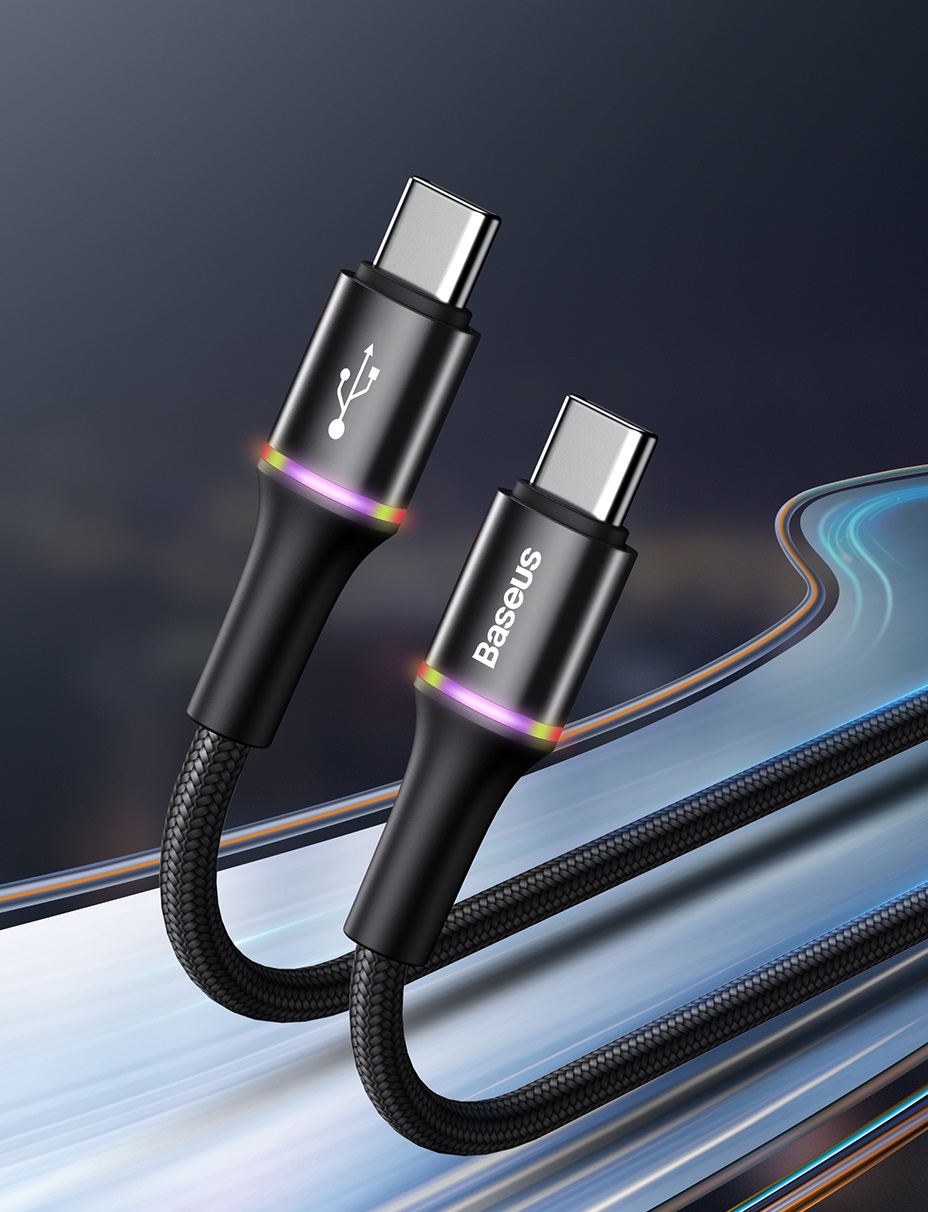 Cablu pentru incarcare si transfer de date Baseus Halo, 2x USB Type-C, LED, Quick Charge 3.0, 3A, 60W, 1m, Negru 1 Lerato.ro