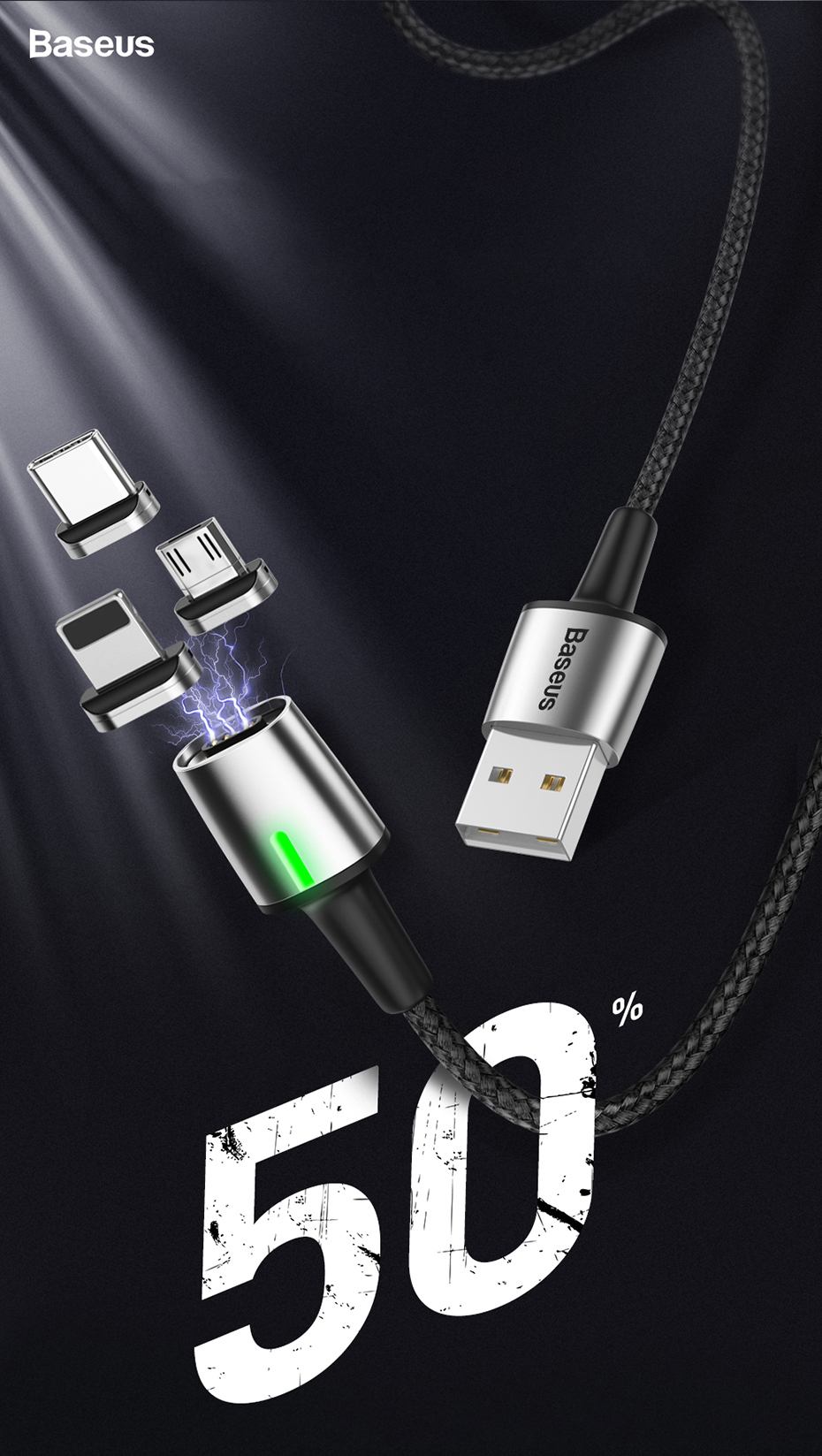 Cablu pentru incarcare si transfer de date Baseus Magnetic Zinc, LED, USB/USB Type-C, 3A, 1m, Mov 1 Lerato.ro