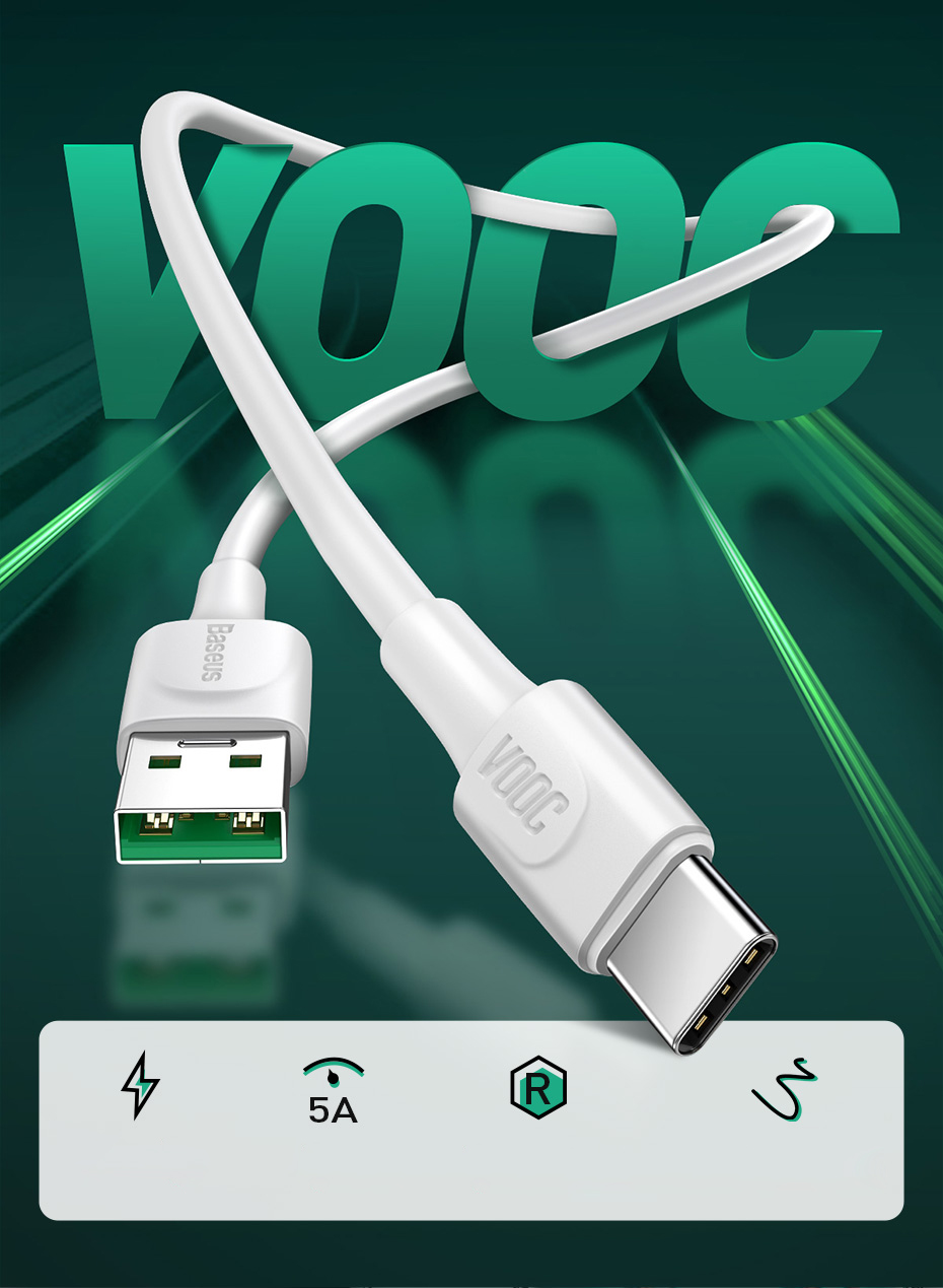 Cablu pentru incarcare si transfer de date Baseus White Series, USB/USB Type-C, VOOC, Quick Charge 5A, 1m, Alb 1 Lerato.ro