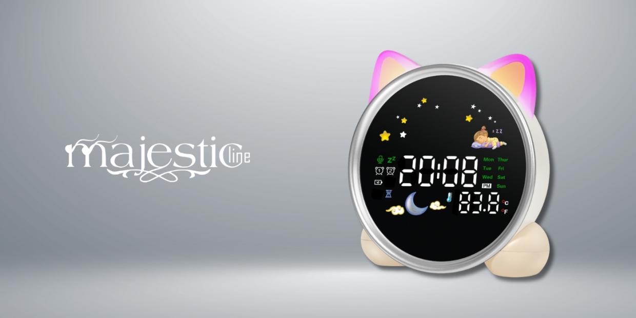 Ceas cu alarma MajesticLine, Snooze, Display Digital, Iluminare LED cu 5 efecte, 1800mAh, Autonomie 100h, USB-C, Alb 1 Lerato.ro